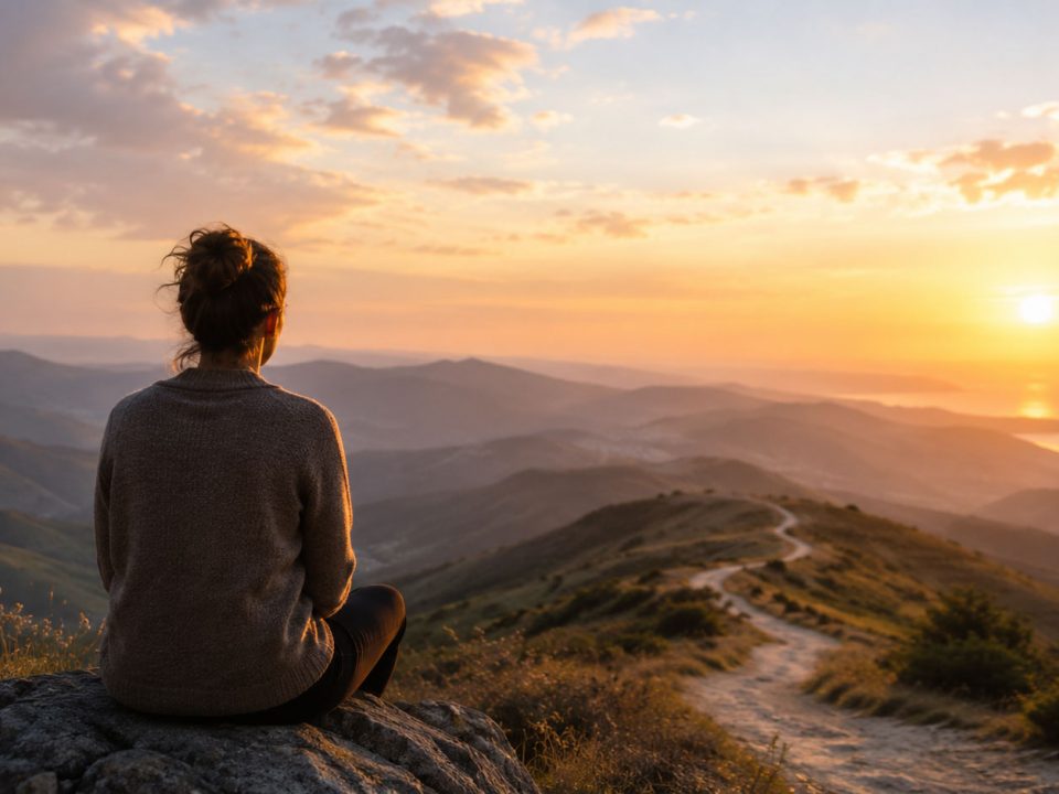 Personne en réflexion face à un paysage, image symbolique d'une quête de sens et de mission de vie
