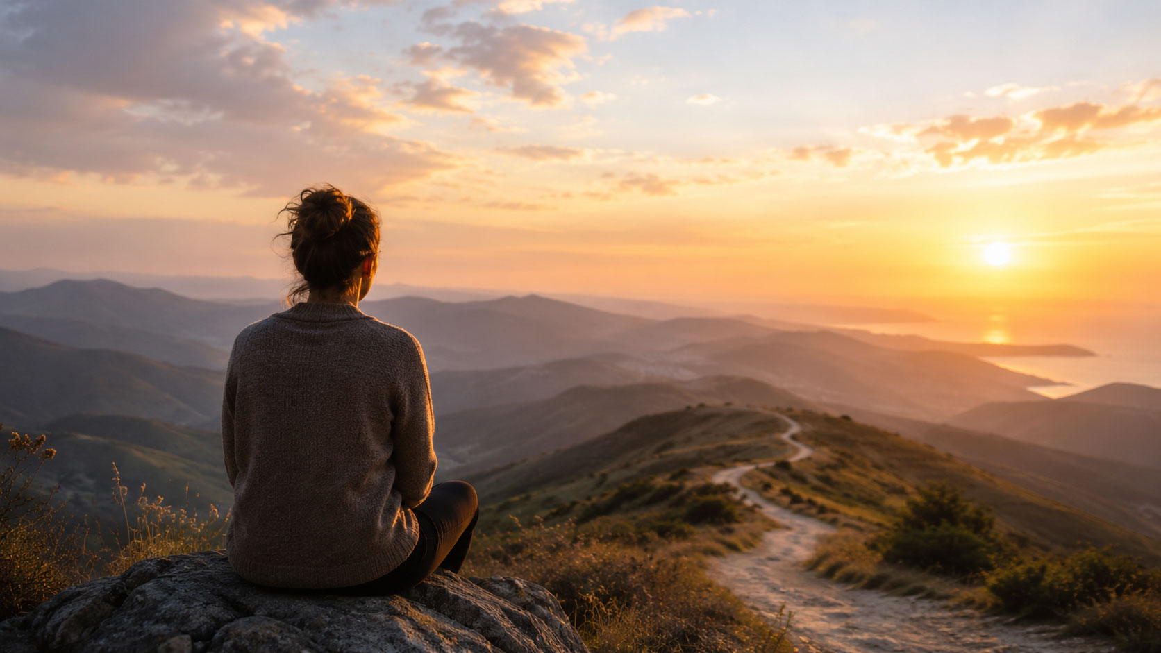 Personne en réflexion face à un paysage, image symbolique d'une quête de sens et de mission de vie