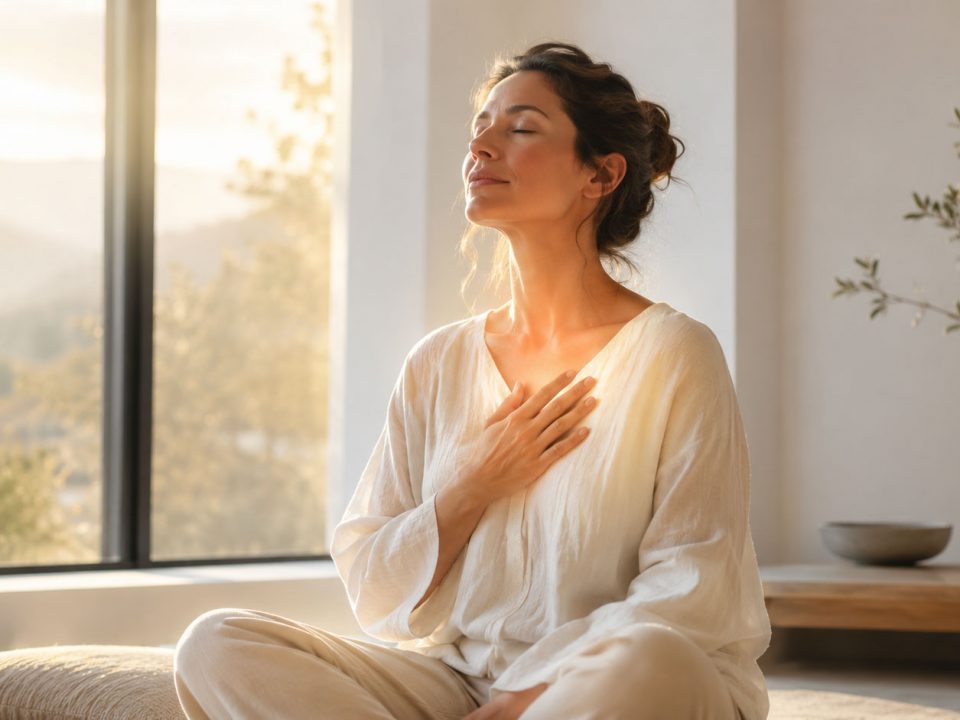 Femme méditant dans une pièce lumineuse, image symbolique d’un éveil spirituel et d’une transformation intérieure