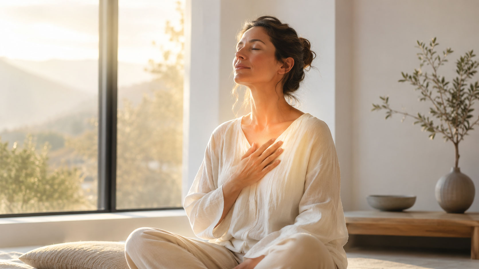 Personne méditant au lever du jour, symbolisant une transformation intérieure