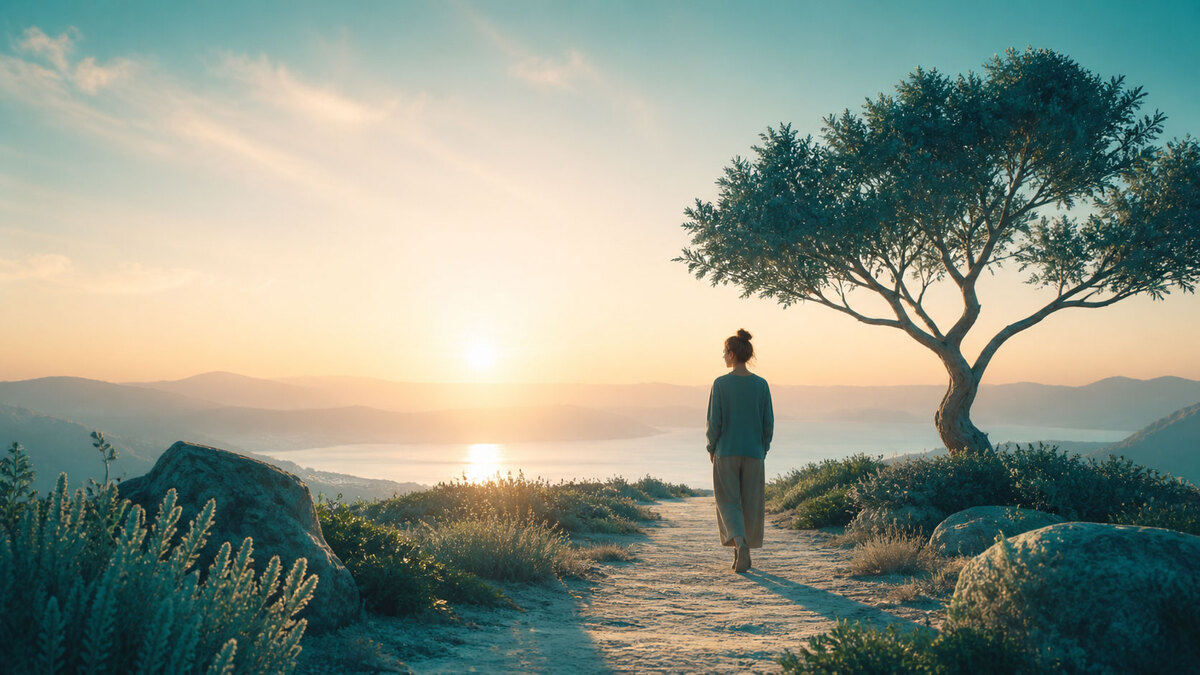 Personne regardant l'horizon, silhouette et paysage évoquant la recherche de sens