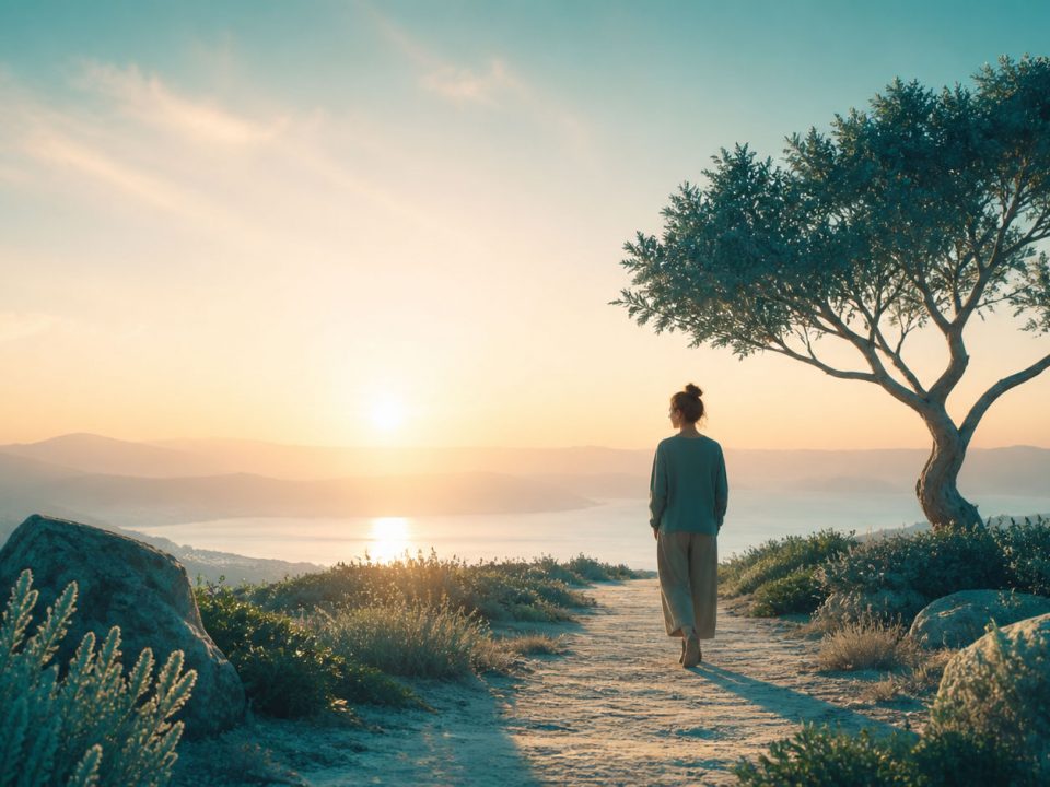 Personne regardant l'horizon, silhouette et paysage évoquant la recherche de sens