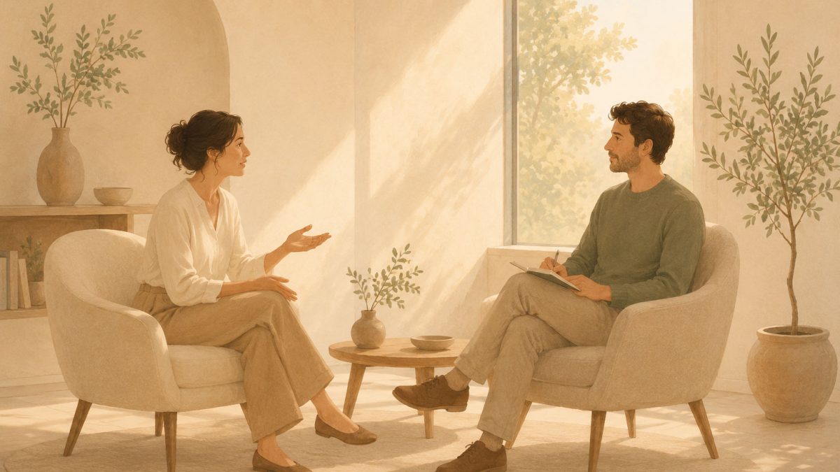 Personne en consultation, échange calme entre client et accompagnant