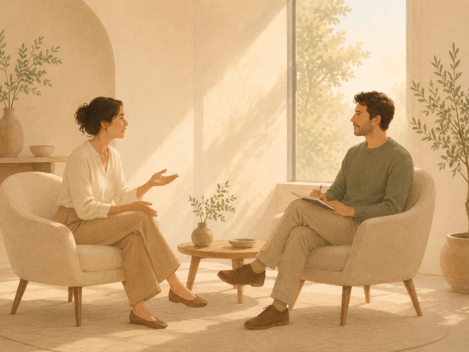 Personne en consultation, échange calme entre client et accompagnant