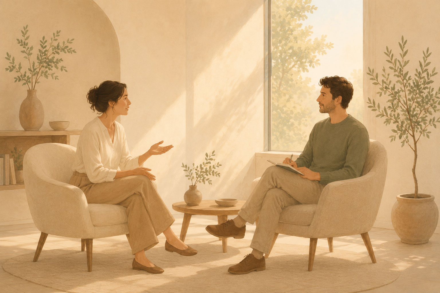 Personne en consultation, échange calme entre client et accompagnant