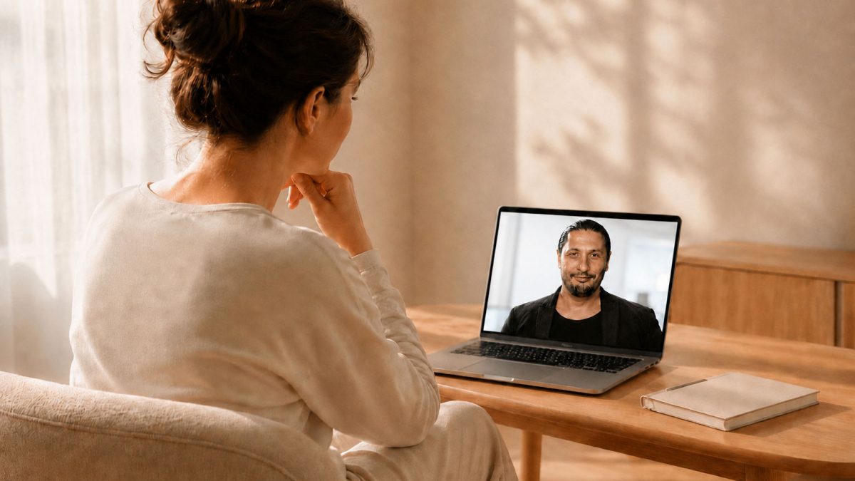 Séance de coaching de vie en ligne, personne en visioconférence
