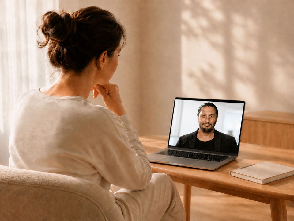 Séance de coaching de vie en ligne, personne en visioconférence