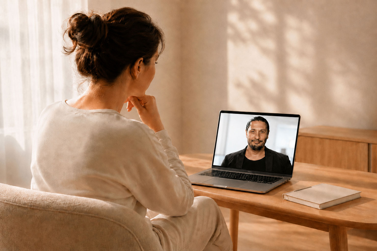 Séance de coaching de vie en ligne, personne en visioconférence