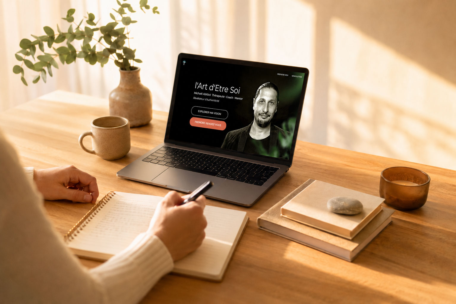 Séance de coaching de vie à distance, personne en visio et carnet de notes