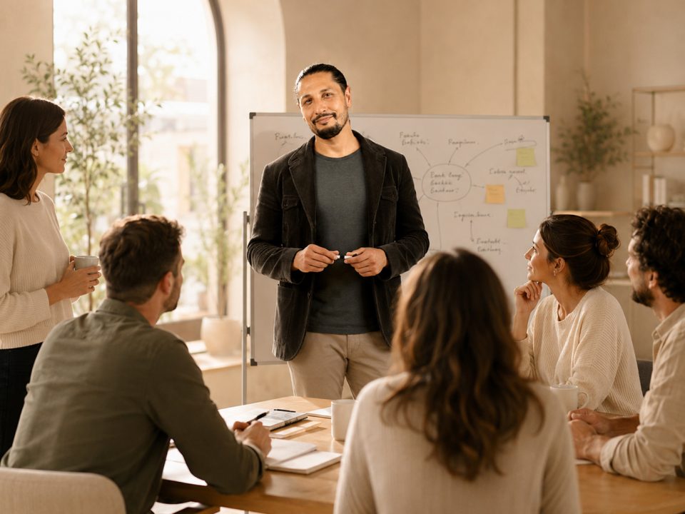 Réunion d'équipe en atelier collaboratif, échanges avec Michael Abitbol autour d'un tableau blanc
