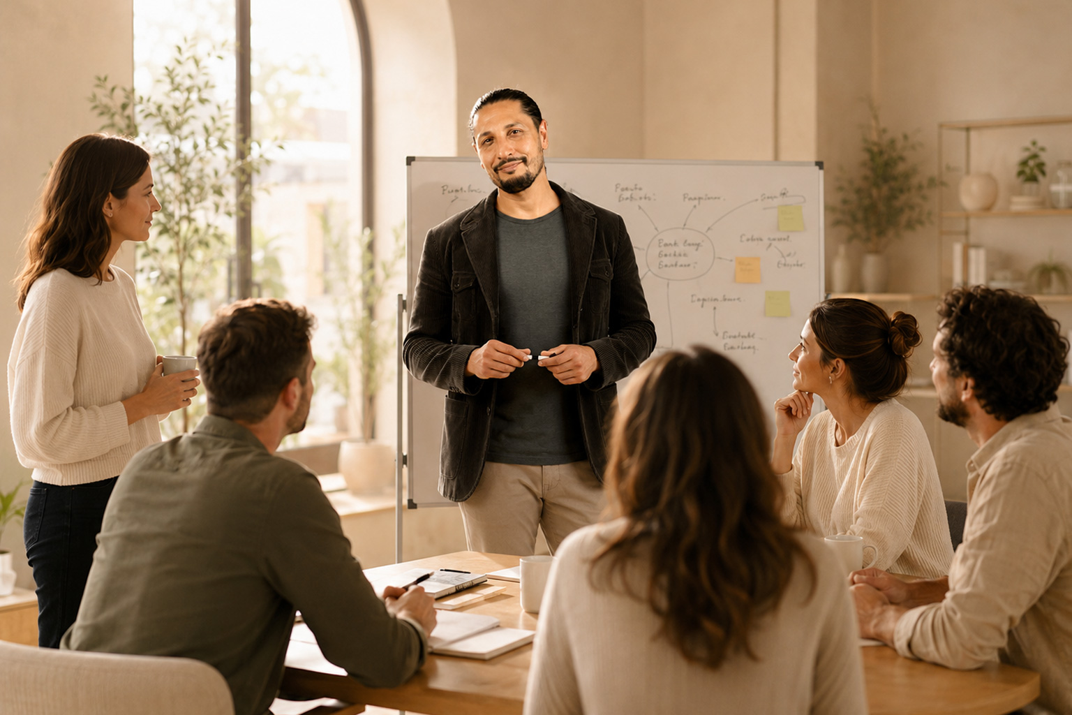 Réunion d'équipe en atelier collaboratif, échanges avec Michael Abitbol autour d'un tableau blanc