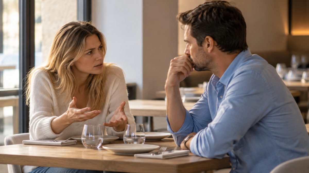 Couple en discussion, moment de tension évoquant des blessures émotionnelles