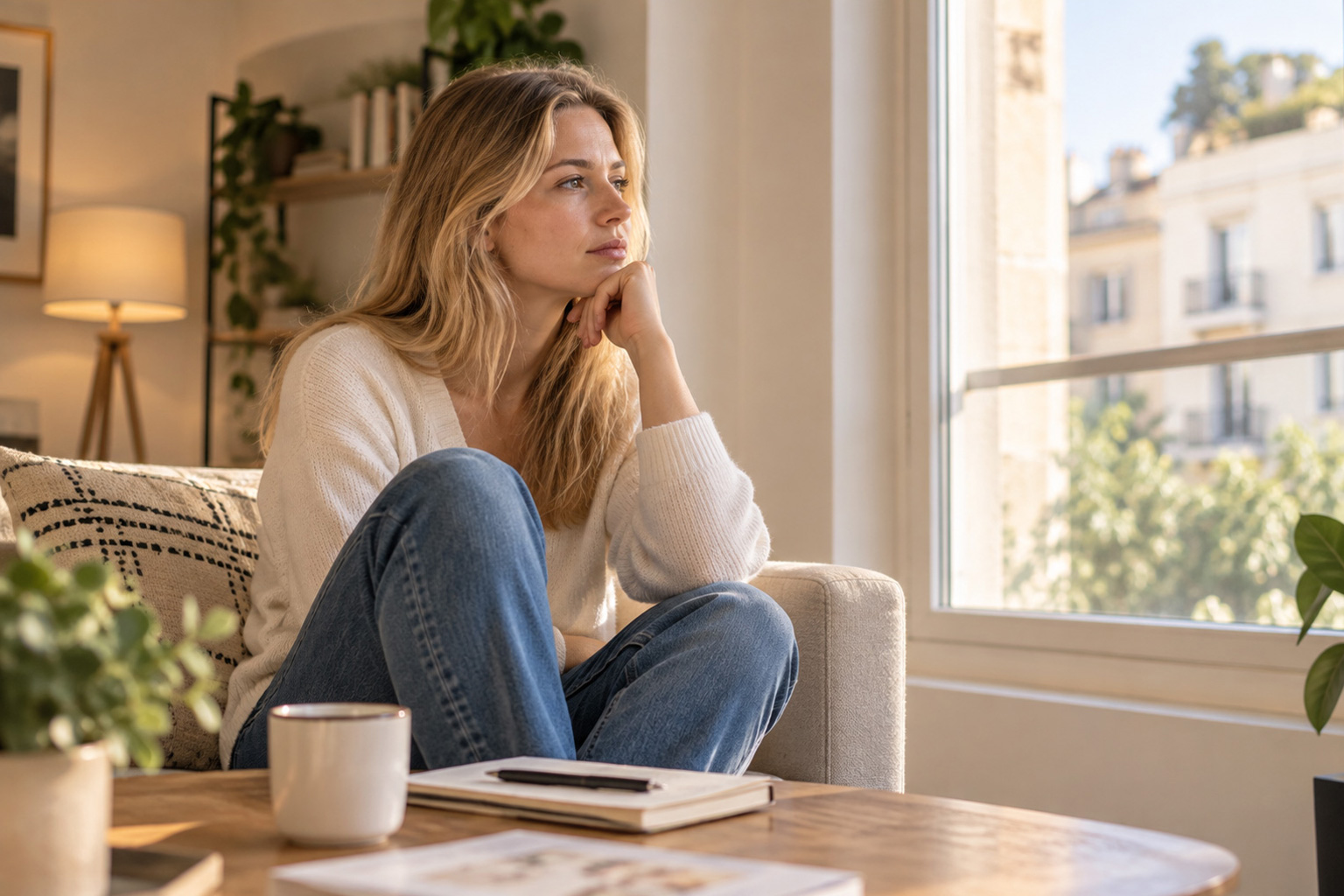 Personne assise près d’une fenêtre, réfléchissant à une décision importante